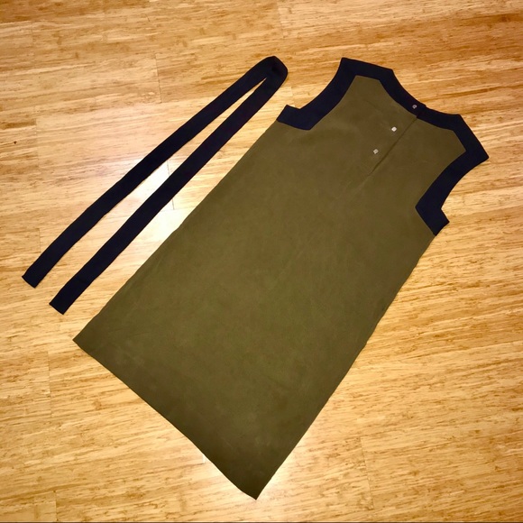 Lacoste Midi Silk Dress Olive W/Navy Trim Sz. 36/4 - Picture 5 of 9